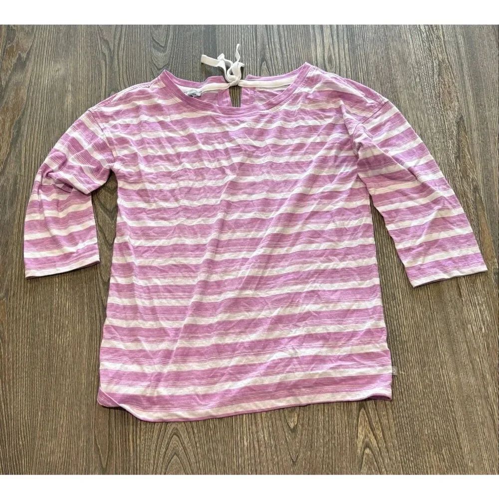 T by Talbots Womens 3/4 Sleeve Top Tie Back Pullover Striped Pink White Size S